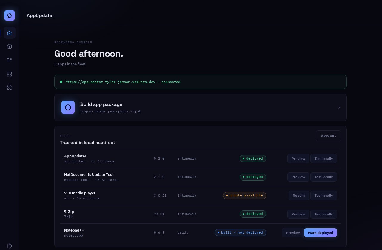 AppUpdater selects an installer, configures deployment and builds a sample package