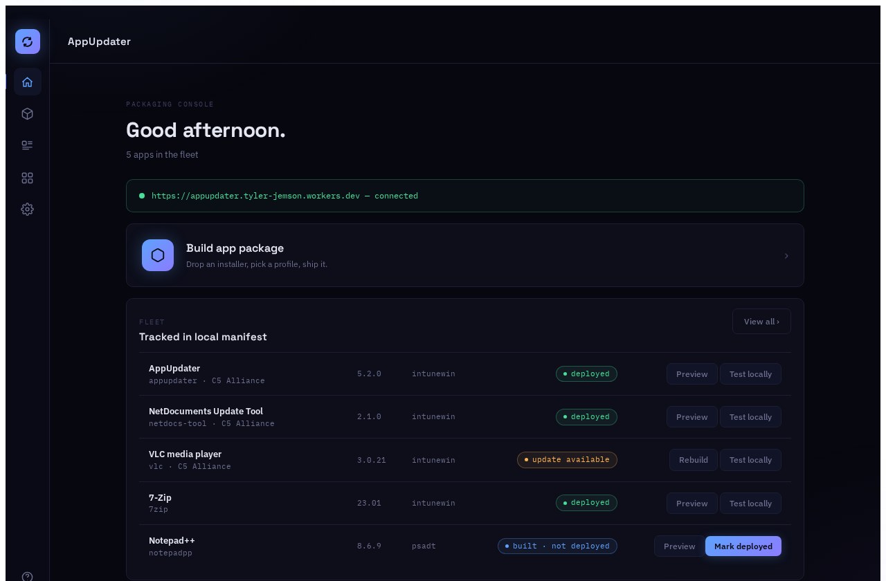 AppUpdater interface showing the packaging dashboard and sample application fleet